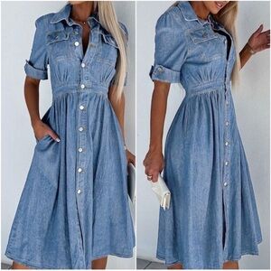 Medium Wash Denim Jean Button Down Midi Dress